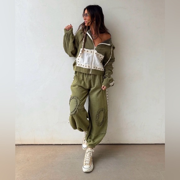 POL Jackets & Blazers - NWT POL Studded Contrast Textured Gauze Crochet Hooded Jacket Hoodie Olive